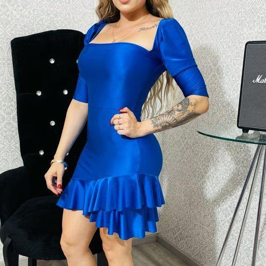 Blue Puffed Sleeves And Ruffles Dress